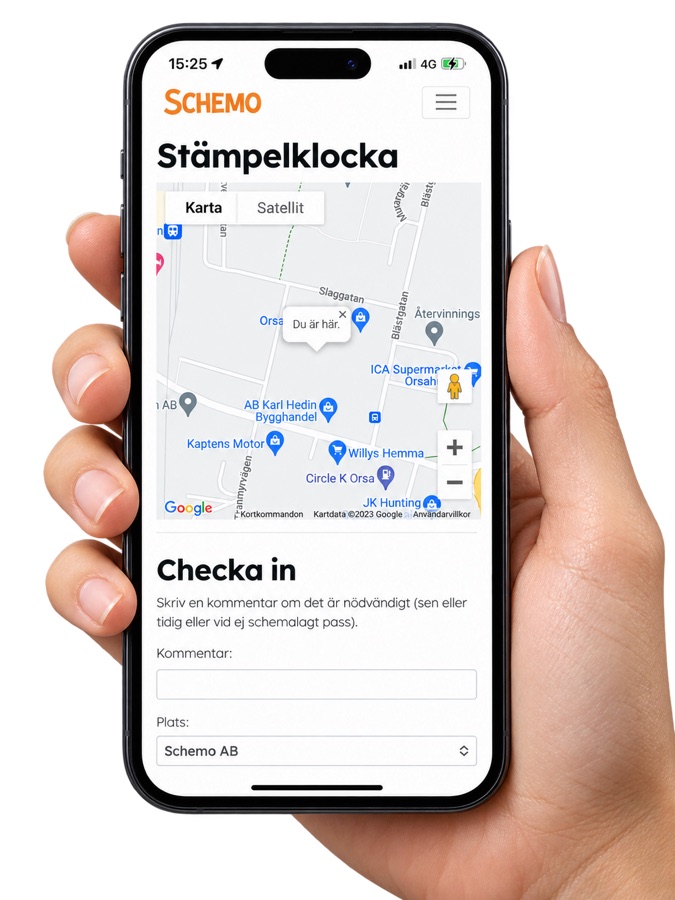 Stämpelklocka i mobilen via Schemo.
